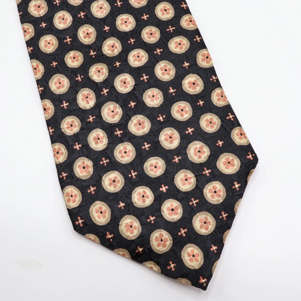 Ermenegildo Zegna Tie Mens Geometric Floral Silk OS Black Gold Italy